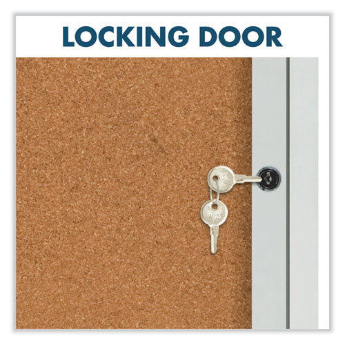 Enclosed Indoor Cork Bulletin Board With Two Hinged Doors, 48 X 36, Tan Surface, Silver Aluminum Frame