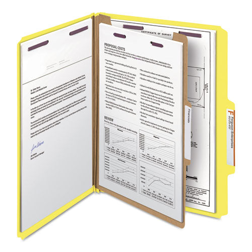 Four-section Pressboard Top Tab Classification Folders, Four Safeshield Fasteners, 1 Divider, Letter Size, Yellow, 10/box