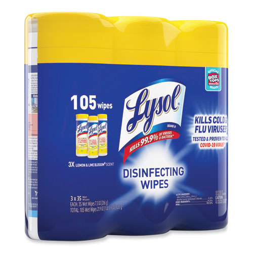 Disinfecting Wipes, 1-ply, 7 X 7.25, Lemon And Lime Blossom, White, 35 Wipes/canister, 3 Canisters/pack