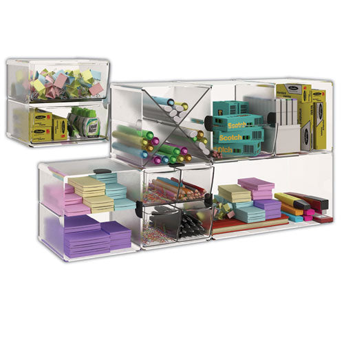 Stackable Cube Organizer, Divided, 2 Compartments, Plastic, 6 X 6 X 6, Clear