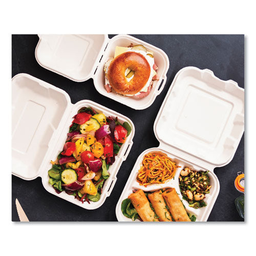 White Molded Fiber Clamshell Containers, 3-compartment, 8 X 17 X 2, White, Sugarcane, 200/carton