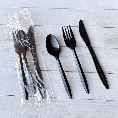 Three-piece Cutlery Kit, Fork/knife/teaspoon, Polypropylene, Black, 250/carton