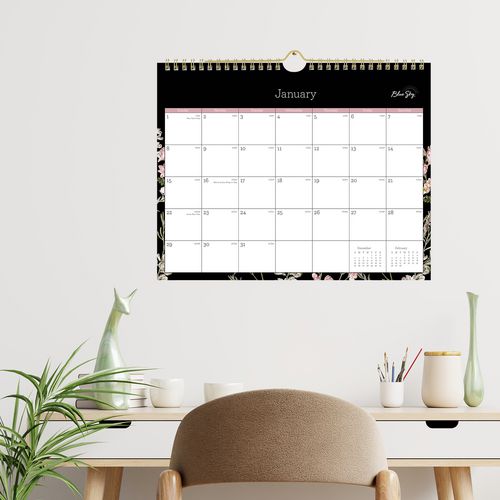 Neveah Monthly Wall Calendar, Floral Artwork, 11" X 8.75", White/black/pink Sheets, 12-month (jan To Dec): 2025