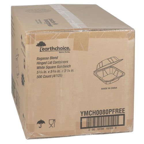 Earthchoice Pfas Free Compostable Hinged Lid Container, 6 X 6 X 3, Natural, Sugarcane, 500/carton