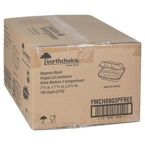 Earthchoice Pfas Free Compostable Hinged Lid Container, 3-compartment, 8 X 8 X 3, Natural, Sugarcane, 150/carton