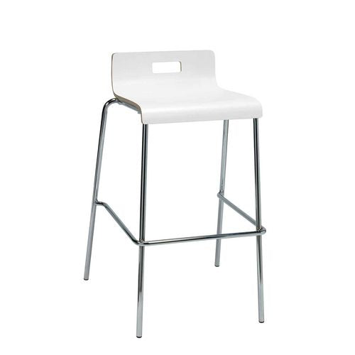 Pedestal Bistro Table With Four White Jive Series Barstools, Round, 36" Dia X 41h, Studio Teak