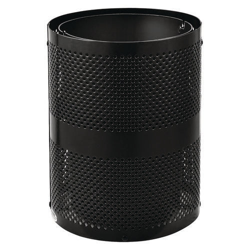 Outdoor Perforated Steel Trash Can With Dome Lid, 36 Gal, Steel, Black