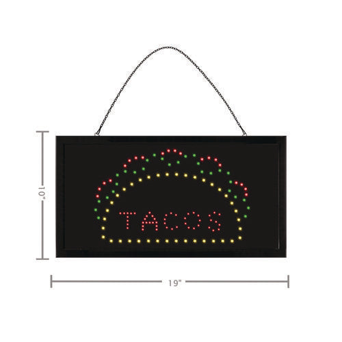 Led Rectangular Taco Sign, 19 X 10, Black Frame, Green/red/yellow Graphics