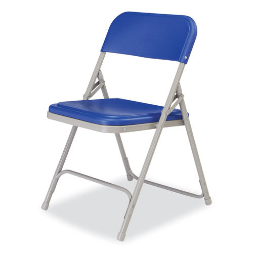 800 Series Premium Plastic Folding Chair, Supports Up To 500 Lb, 18" Seat Height, Blue Seat, Blue Back, Gray Base, 4/carton