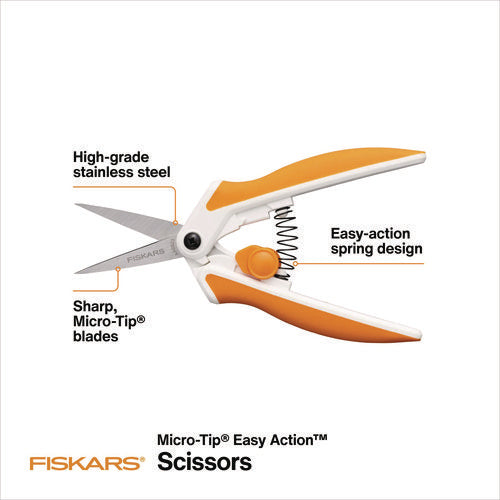 Micro-tip Easy Action Scissors, 6.1" Long, 1.75” Cut Length, Orange/white Handle