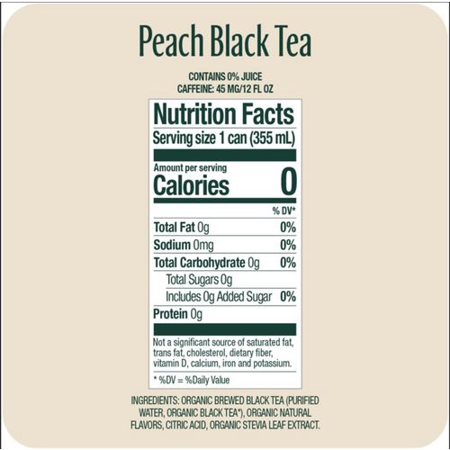 Zero Sugar Naturally Sweetened Black Tea, Peach, 12 Oz Can, 12/carton