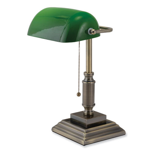 Led Bankers Lamp With Green Shade, Candlestick Neck, 14.75" High, Antique Bronze