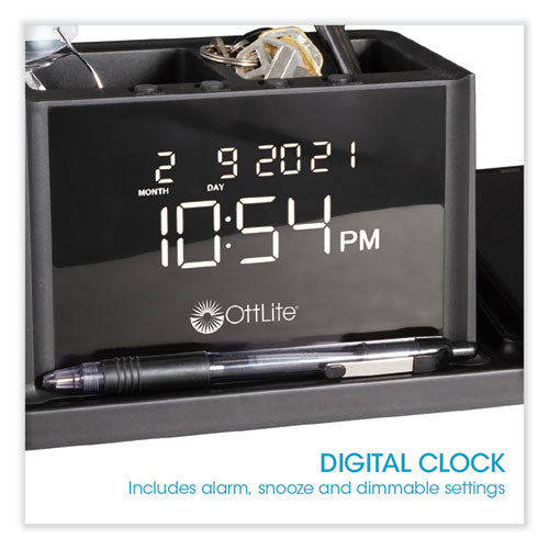 Desktop Organizer With Led Alarm Clock/device Charger, 2 Compartments, 10.68 X 4.88 X 4.32, Black, Plastic