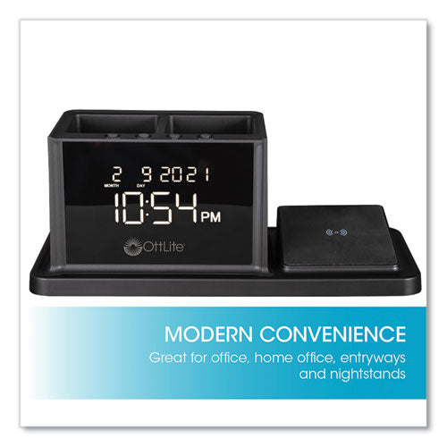 Desktop Organizer With Led Alarm Clock/device Charger, 2 Compartments, 10.68 X 4.88 X 4.32, Black, Plastic