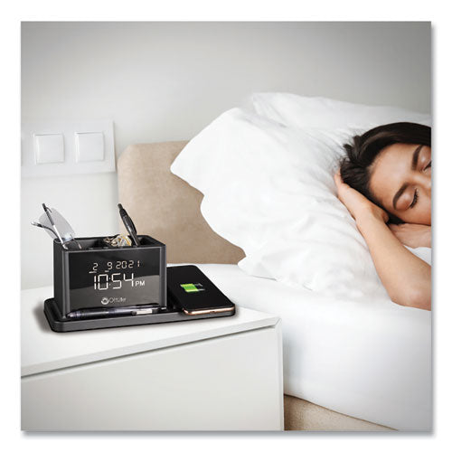 Desktop Organizer With Led Alarm Clock/device Charger, 2 Compartments, 10.68 X 4.88 X 4.32, Black, Plastic