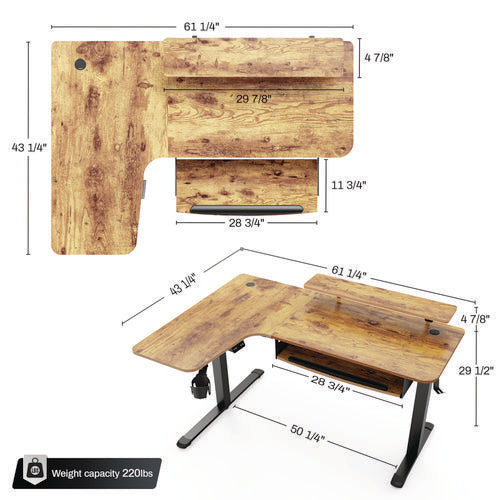 L-shaped Standing Desk With Keyboard Tray, Right Desk, 61.25" X 43.25" X 34.38" To 52.88", Rustic Brown/black