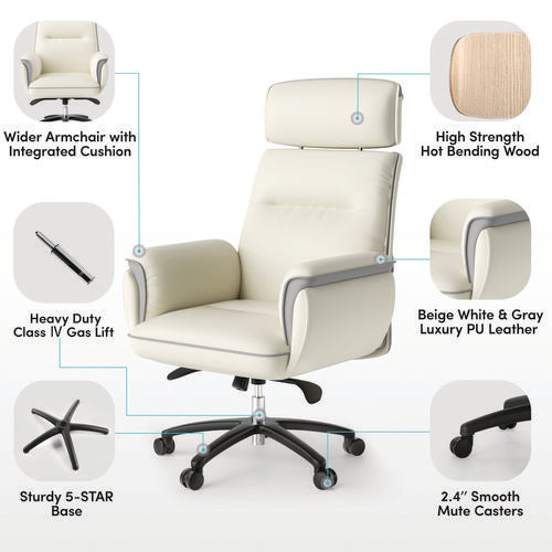 Royal Executive Office Chair, Support Up To 300 Lb, 19.46"-22.26" Seat Height, White Pu Leather Seat, White Faux Leather Back