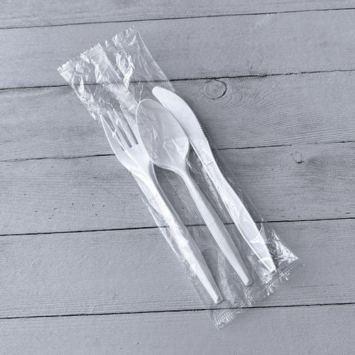 Three-piece Cutlery Kit, Fork/knife/teaspoon, Polypropylene, White, 250/carton