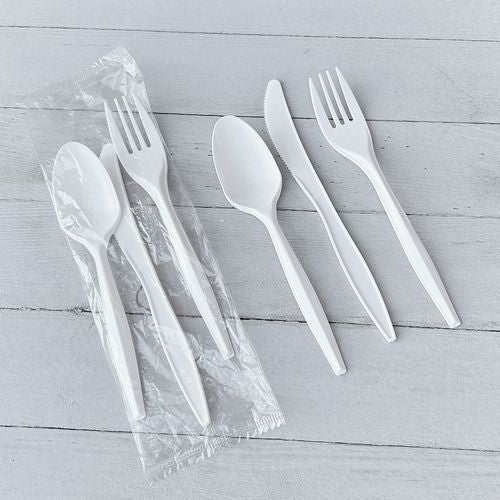 Three-piece Cutlery Kit, Fork/knife/teaspoon, Polypropylene, White, 250/carton