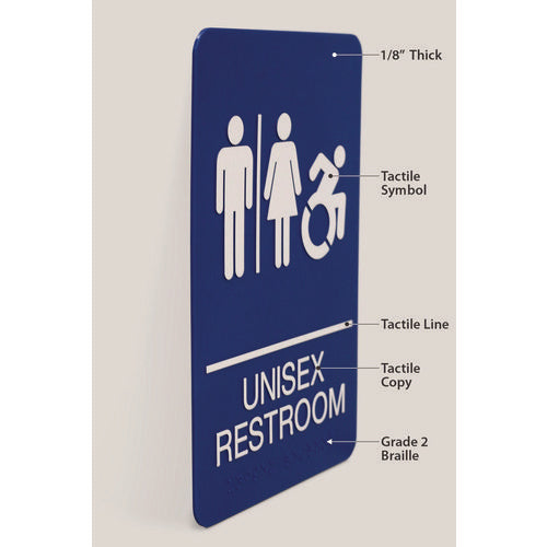 Ada Sign, Unisex Restroom, 6 X 9, Blue Face, White Graphics