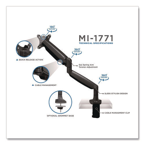 Single Monitor Gas-spring Mounting Arm, For 13" To 32" Monitors, 360 Degree Rotation, +/-45 Degree Tilt, Black, Supports 20lb