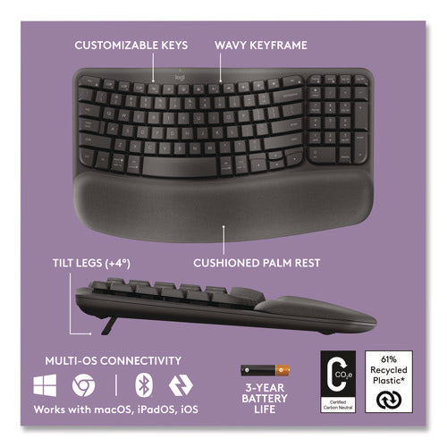 Wave Mk670 Wireless Ergonomic Keyboard And Signature M550l Mouse Combo, 2.4 Ghz, Frequency/33 Ft Wireless Range, Graphite