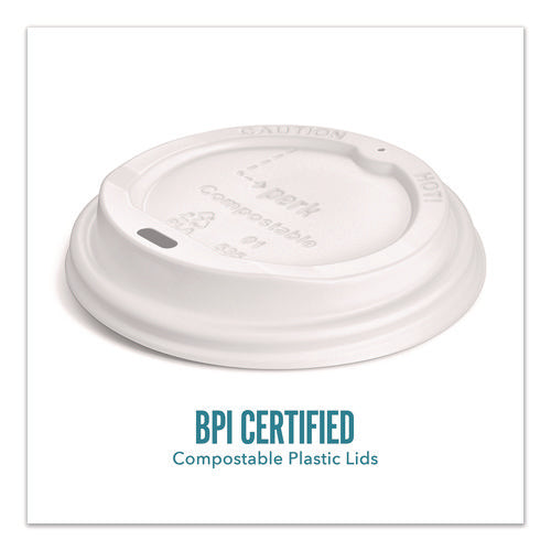 Compostable Plastic Hot Cup Lids, Fits 10 Oz, 12 Oz, 16 Oz Cups, White, 500/carton