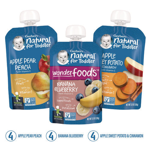 Natural Baby Food Pouches For Toddler 12+ Months, Assorted Flavors, 3.5 Oz Pouch, 12/carton