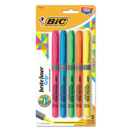 Brite Liner Grip Pocket Highlighter, Fluorescent Yellow Ink, Chisel Tip, Yellow/black/silver Barrel, 5/pack
