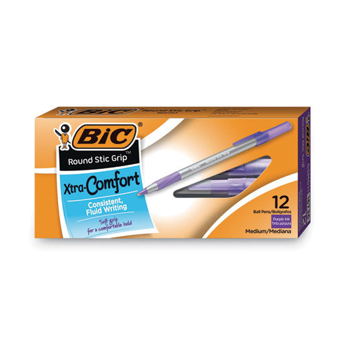 Round Stic Grip Xtra Comfort Ballpoint Pen, Easy-glide, Stick, Medium 1.2 Mm, Purple Ink, Gray/purple Barrel, Dozen