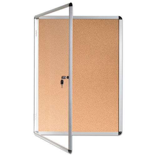 Slim-line Enclosed Cork Bulletin Board, One Door, 28 X 38, Tan Surface, Aluminum Frame