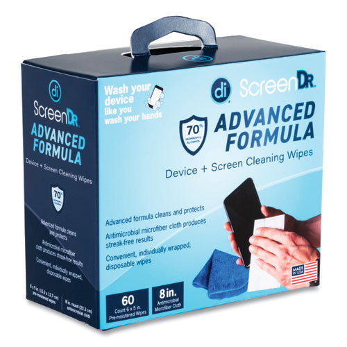 Screendr Device And Screen Cleaning Wipes, Includes 60 Individually Wrapped Wipes And 8" Microfiber Cloth, 6 X 5, White