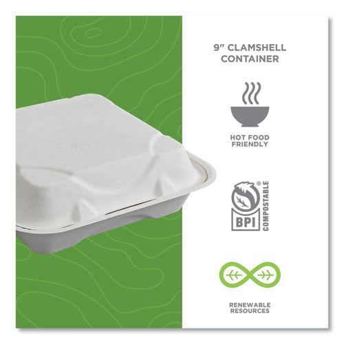 Vanguard Renewable And Compostable Sugarcane Clamshells, 1-compartment, 9 X 9 X 3, White, 200/carton