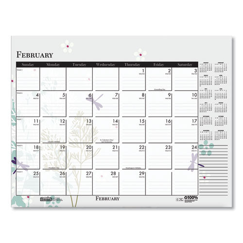 Recycled Desk Pad Calendar, Wild Flowers Artwork, 22 X 17, White Sheets, Black Binding/corners,12-month (jan-dec): 2024