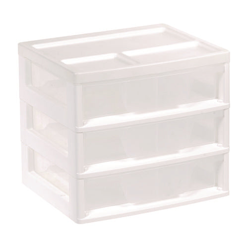 3-drawer Desktop Storage, Plastic, 14.6 X 12.31 X 12.75, White/clear