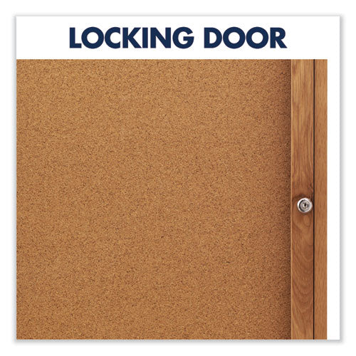 Enclosed Indoor Cork Bulletin Board With Two Hinged Doors, 48 X 36, Tan Surface, Oak Fiberboard Frame